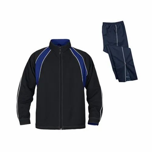 Black and blue polyester track suit